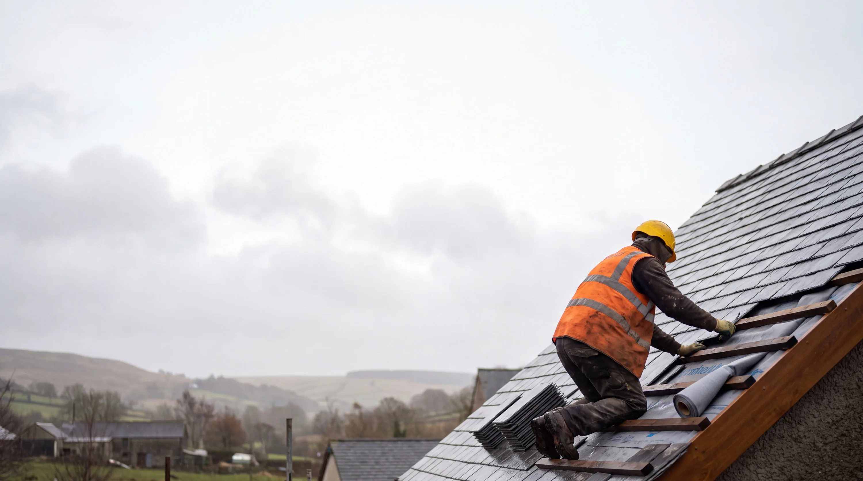 A roofer laying new slate over fresh battens on a pitched roof under an overcast sky