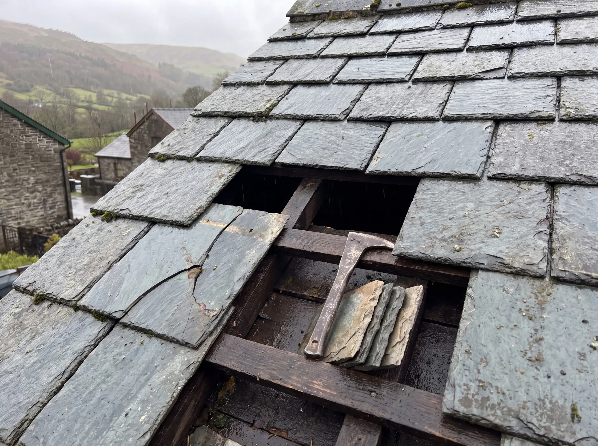 Slipped and cracked slates on a pitched roof, with replacement slates ready